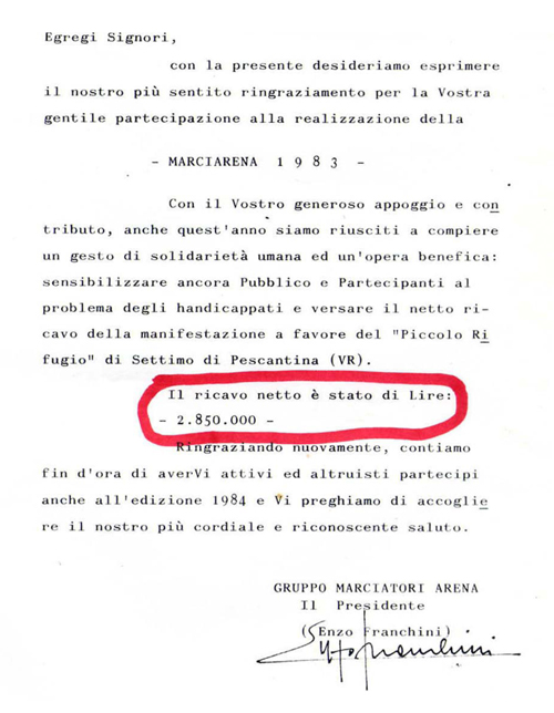 1983 - Lettera del Presidente Enzo Franchini  - Marciarena 1983